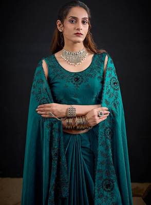 Rama color fendy satin silk blend two tone zircon sequence handwork saree 4