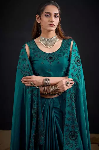 Rama color fendy satin silk blend two tone zircon sequence handwork saree