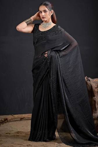 Black color fendy satin silk two tone zircon sequence handwork saree