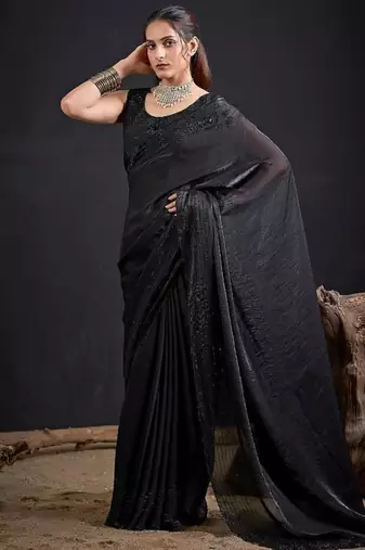 Black color fendy satin silk two tone zircon sequence handwork saree
