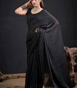 Black color fendy satin silk blend two tone zircon sequence handwork saree