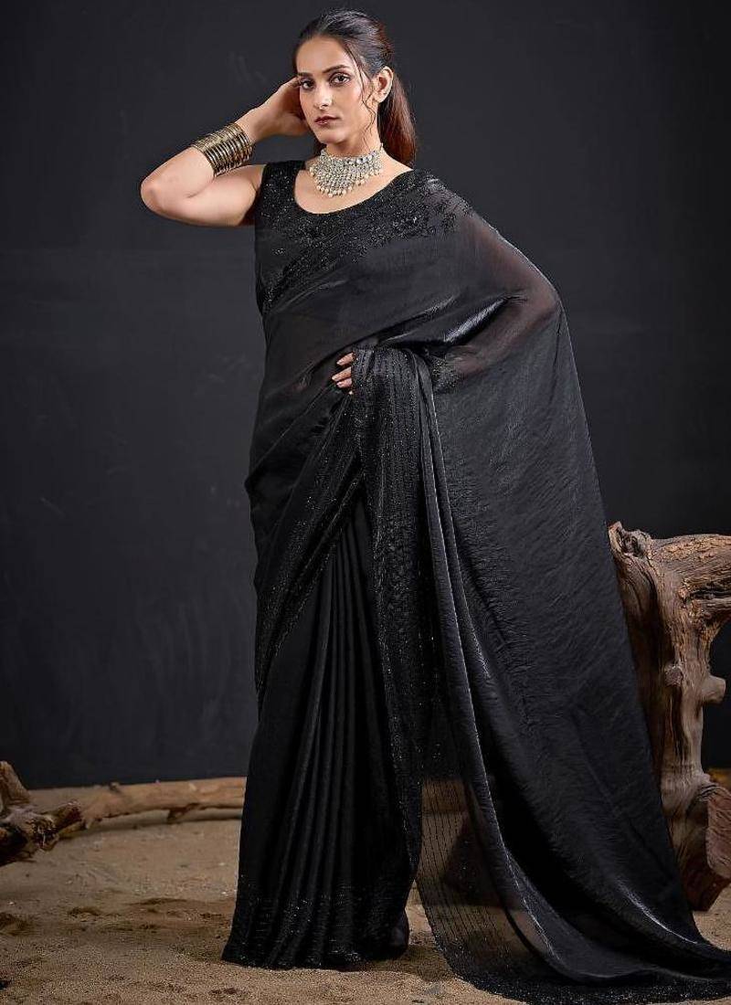 Black color fendy satin silk two tone zircon sequence handwork saree
