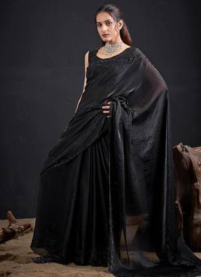 Black color fendy satin silk blend two tone zircon sequence handwork saree 2