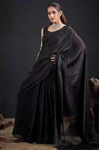Black color fendy satin silk blend two tone zircon sequence handwork saree