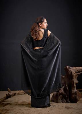 Black color fendy satin silk blend two tone zircon sequence handwork saree 3
