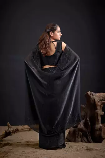 Black color fendy satin silk blend two tone zircon sequence handwork saree