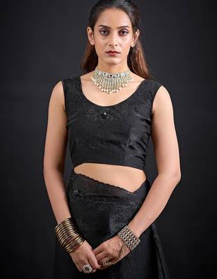 Black color fendy satin silk blend two tone zircon sequence handwork saree 4