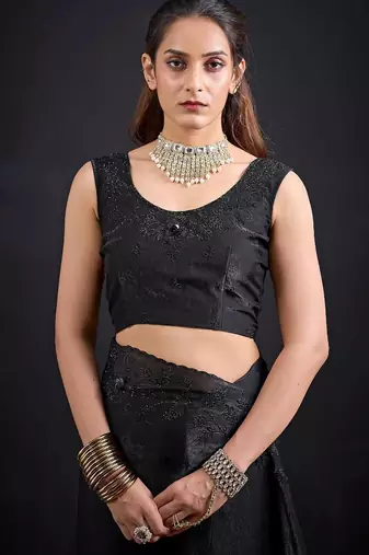 Black color fendy satin silk blend two tone zircon sequence handwork saree