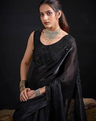 Black color fendy satin silk blend two tone zircon sequence handwork saree 5