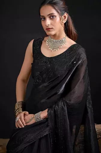 Black color fendy satin silk blend two tone zircon sequence handwork saree