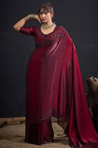 Maroon color fendy satin silk two tone zircon sequence handwork saree