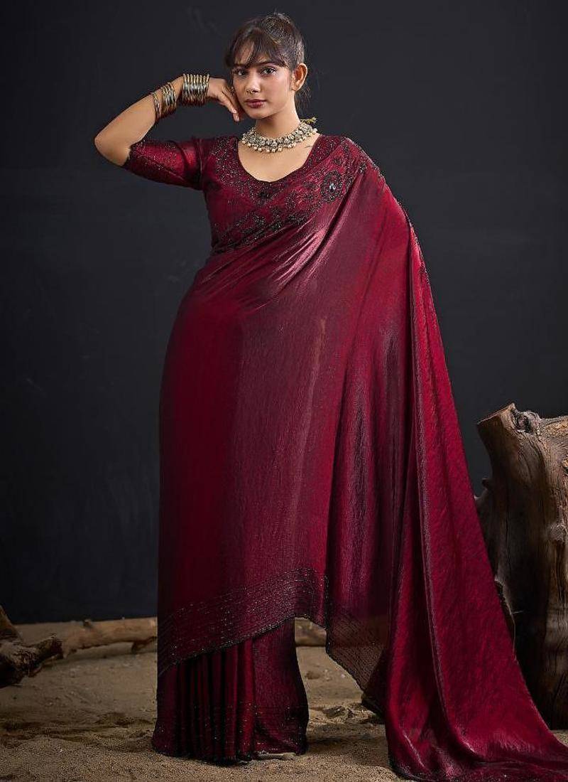 Maroon color fendy satin silk two tone zircon sequence handwork saree