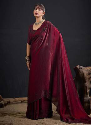 Maroon color fendy satin silk blend two tone zircon sequence handwork saree 2