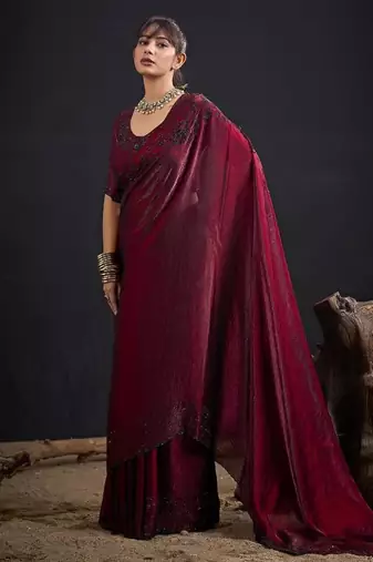 Maroon color fendy satin silk blend two tone zircon sequence handwork saree