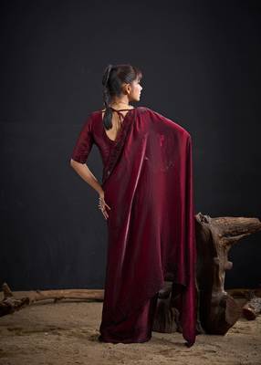 Maroon color fendy satin silk blend two tone zircon sequence handwork saree 3