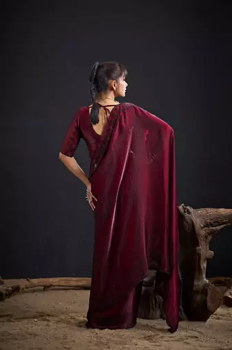 Maroon color fendy satin silk blend two tone zircon sequence handwork saree