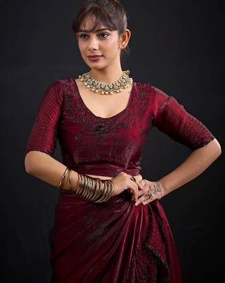 Maroon color fendy satin silk blend two tone zircon sequence handwork saree 4