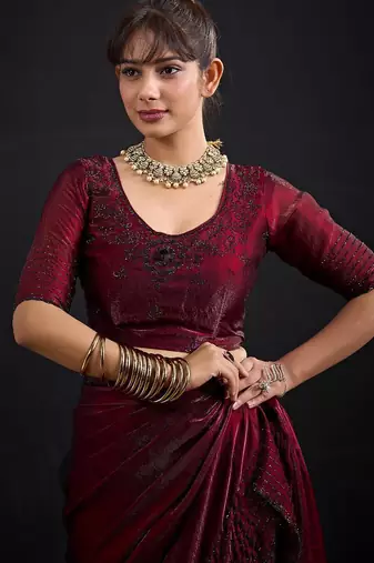 Maroon color fendy satin silk blend two tone zircon sequence handwork saree