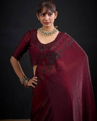 Maroon color fendy satin silk blend two tone zircon sequence handwork saree 5