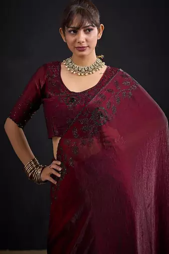 Maroon color fendy satin silk blend two tone zircon sequence handwork saree