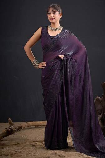 Purple color fendy satin silk two tone zircon sequence handwork saree