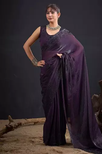 Purple color fendy satin silk two tone zircon sequence handwork saree