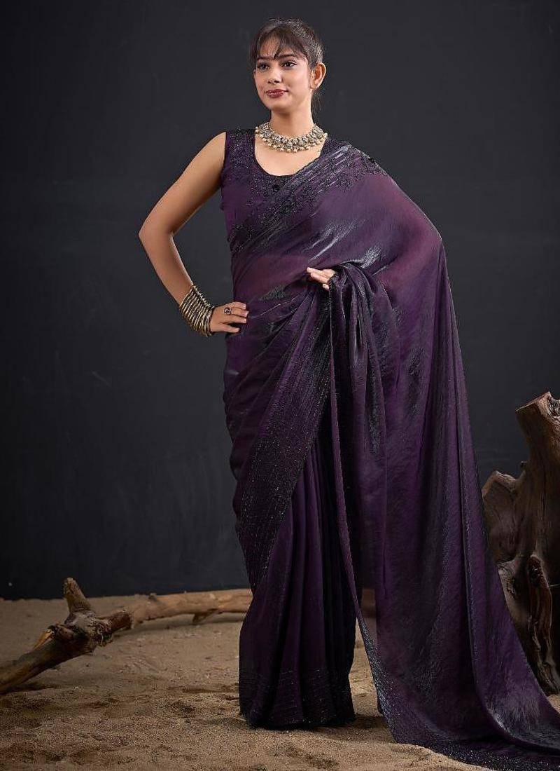 Purple color fendy satin silk two tone zircon sequence handwork saree