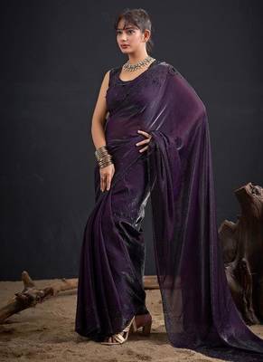 Purple color fendy satin silk blend two tone zircon sequence handwork saree 2