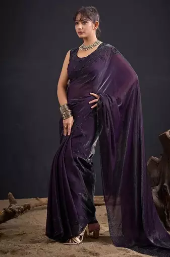 Purple color fendy satin silk blend two tone zircon sequence handwork saree