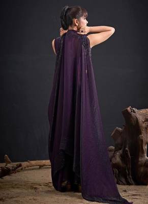 Purple color fendy satin silk blend two tone zircon sequence handwork saree 3