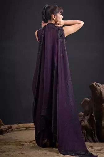 Purple color fendy satin silk blend two tone zircon sequence handwork saree