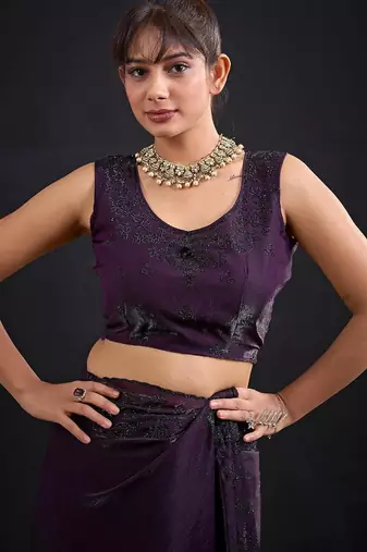 Purple color fendy satin silk blend two tone zircon sequence handwork saree