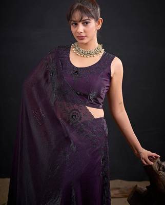 Purple color fendy satin silk blend two tone zircon sequence handwork saree 5