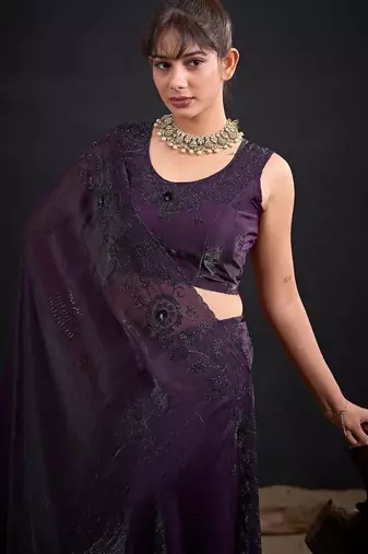 Purple color fendy satin silk blend two tone zircon sequence handwork saree