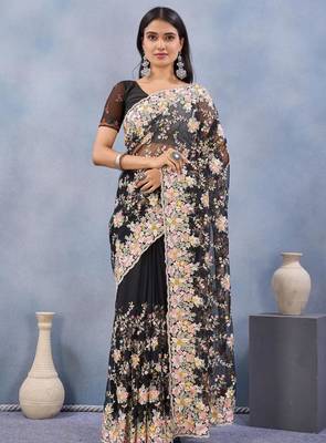 Black net resham embroidered & handwork zircon work saree 1