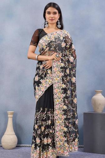 Black color net resham embroidered & handwork zircon work saree