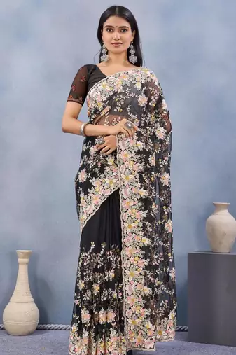 Black color net resham embroidered & handwork zircon work saree