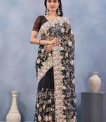 Black color net resham embroidered & handwork zircon work saree