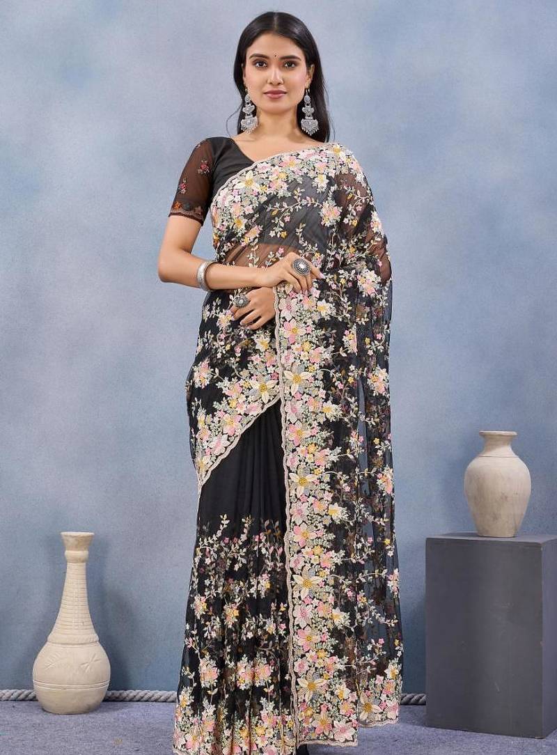 Black color net resham embroidered & handwork zircon work saree