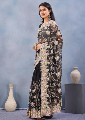 Black net resham embroidered & handwork zircon work saree 2