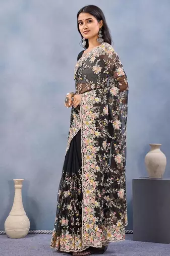 Black color net resham embroidered & handwork zircon work saree