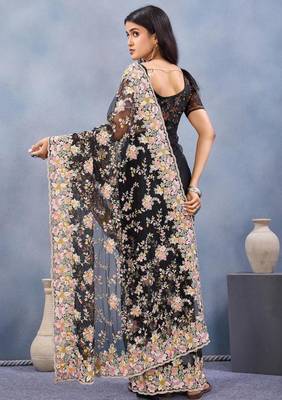 Black net resham embroidered & handwork zircon work saree 3