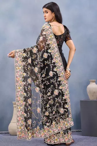 Black color net resham embroidered & handwork zircon work saree