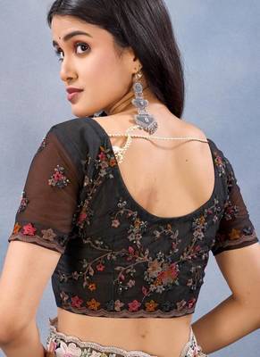 Black net resham embroidered & handwork zircon work saree 4