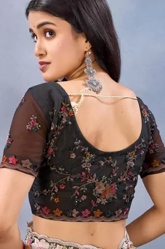 Black color net resham embroidered & handwork zircon work saree