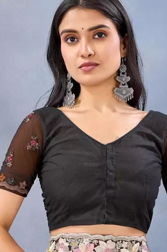 Black color net resham embroidered & handwork zircon work saree