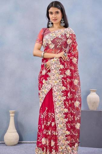 Red color net resham embroidered & handwork zircon work saree