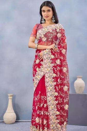 Red color net resham embroidered & handwork zircon work saree