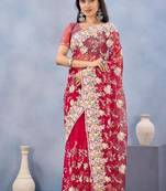 Red color net resham embroidered & handwork zircon work saree