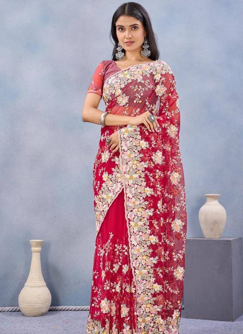 Red color net resham embroidered & handwork zircon work saree